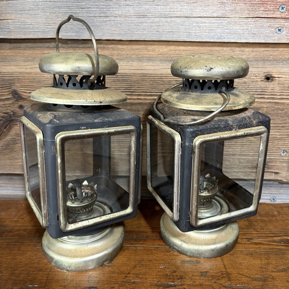 Gold Tone Black Kerosene Oil Lamps Carriage Lights Lanterns Hong Kong LOT OF 2